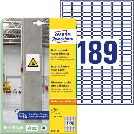 Etikety univerzálne 25,4x10mm Avery A4, silne lepivé 20 hárkov