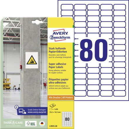 Etikety univerzálne 35,6x16,9mm Avery A4, silne lepivé 20 hárkov