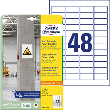 Etikety univerzálne 45,7x21,2mm Avery A4, silne lepivé 20 hárkov