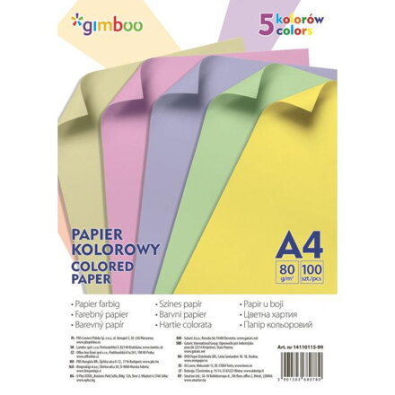 Farebný papier Gimboo A4, 100 listov, 80g, 5 pastelových farieb