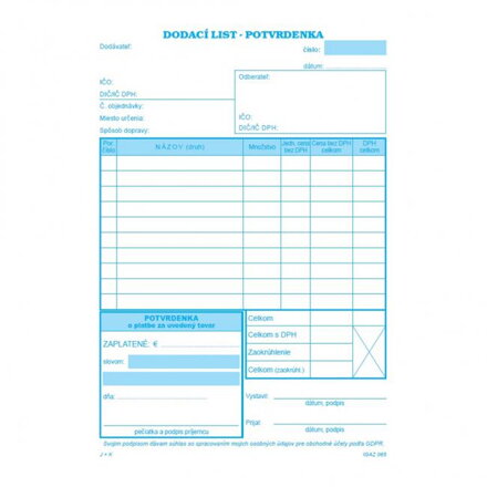 Dodací list, A5, s DPH, s potvrdenkou, samoprepis