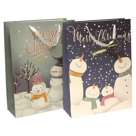 Vianočná papierová taška 310x420x120mm textilné ušká vo farbe tašky mix 2 motívov Snehuliaci bez možnosti výberu