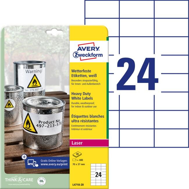Etikety polyesterové veľmi odolné 70x37mm Avery A4 biele 20 hárkov Etikety polyesterové veľmi odolné 70x37mm Avery A4 biele 20 hárkov