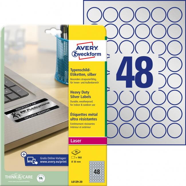 Etikety polyesterové veľmi odolné kruhové priemer 30mm Avery A4 strieborné 20 hárkov Etikety polyesterové veľmi odolné kruhové priemer 30mm Avery A4 strieborné 20 hárkov