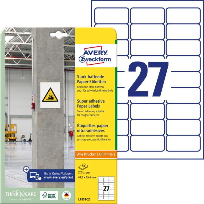 Etikety univerzálne 63,5x29,6mm Avery A4, silne lepivé 20 hárkov
