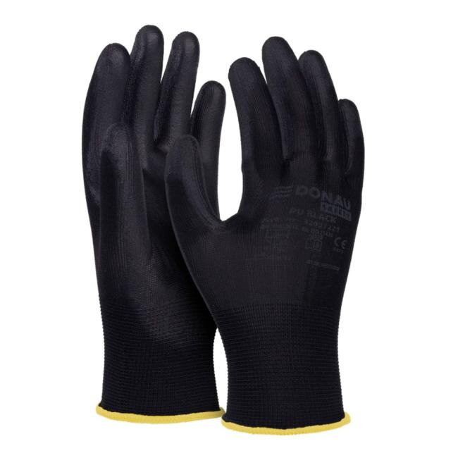Rukavice pletené, polomáčané DONAU SAFETY PU kat. II čierne veľ. 9