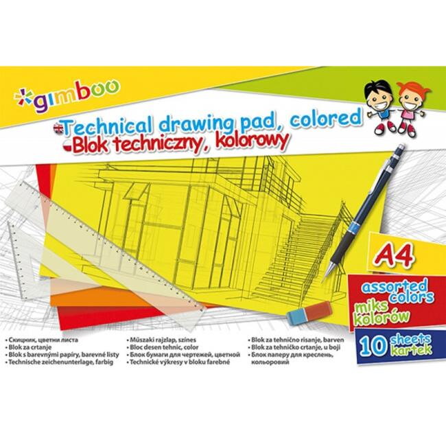 Technický výkres, Gimboo, A4, 10 listov, 150GSM, rôzne farby Technický výkres, Gimboo, A4, 10 listov, 150GSM, rôzne farby