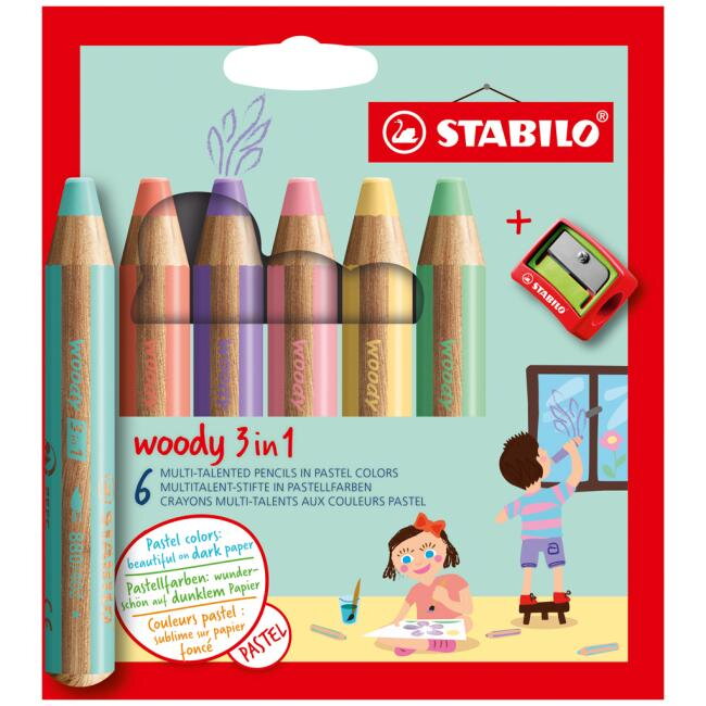 Farbičky STABILO woody 3 in 1 Pastel 6 ks Sada v kartónovom obale so strúhadlom Farbičky STABILO woody 3 in 1 Pastel 6 ks Sada v kartónovom obale so strúhadlom