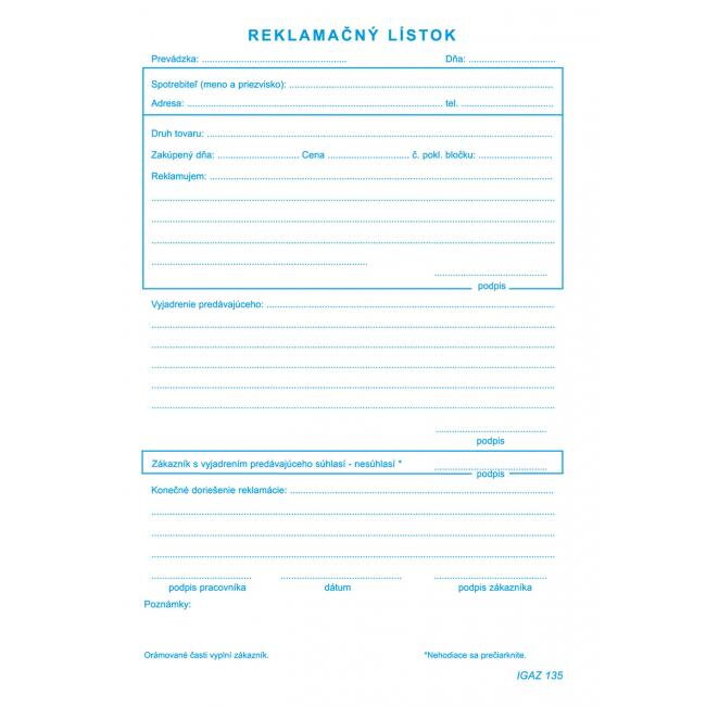 Reklamačný list, samoprepis, A5 Reklamačný list, samoprepis, A5